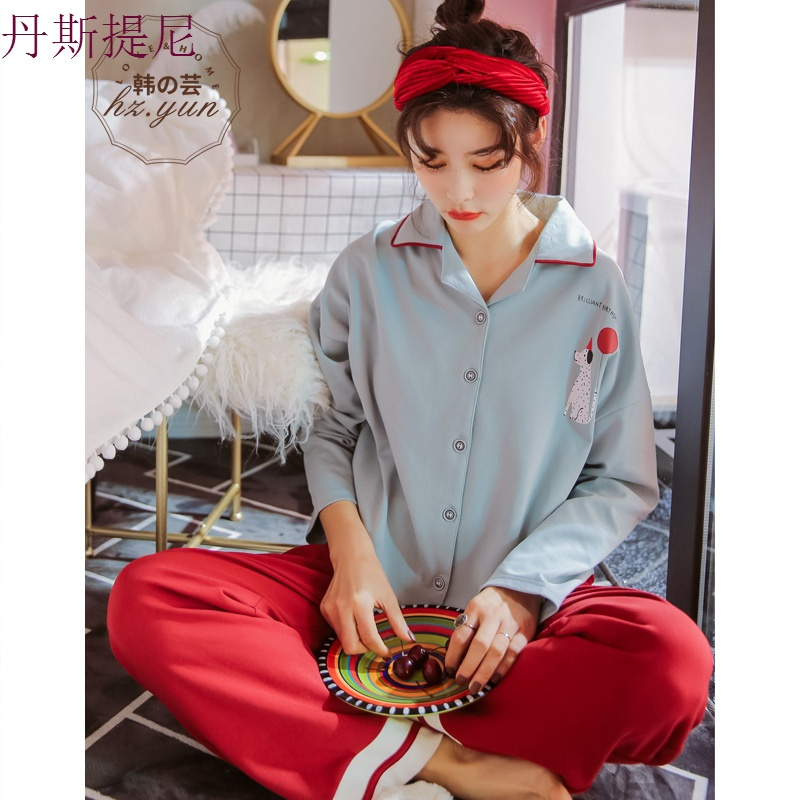 睡衣女春秋韩版长袖宽松大码甜美可爱学生红色纯棉家居服春款套装