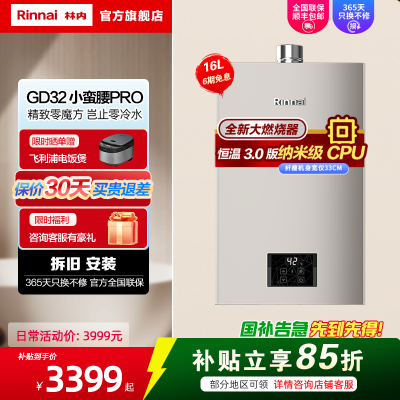 林内（Rinnai）16升 燃气热水器小蛮腰PRO家用 16GD32 天燃气强排 JSQ31-GD32