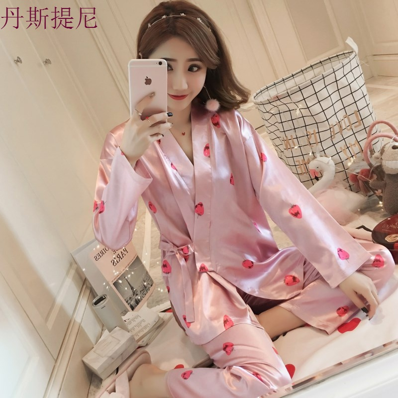 春秋季和服睡衣女夏长袖冰丝薄款家居服女韩版甜美可爱可外穿套装