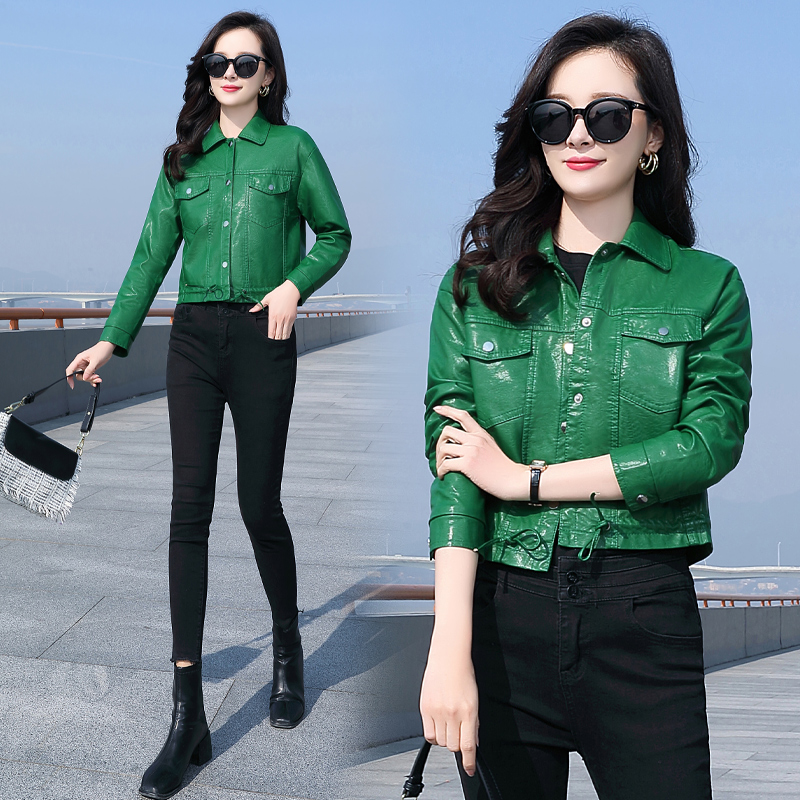 免费试穿 真皮皮衣女短款绵羊皮2024春秋装新款皮夹克矮个子韩版修身小外套潮冬装新款机车复古短上衣多款皮衣小外套 6802绿色 L