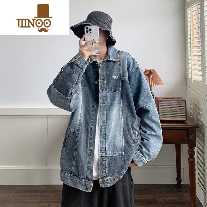 YANXU小众设计感撞色水洗做旧牛仔外套潮牌美式hiphop宽松情侣夹克图片