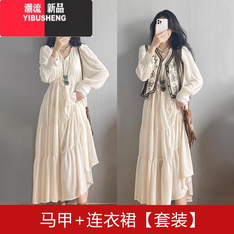 YIBUSHENG法式长袖连衣裙子早春2024新款女民族风显瘦小众春季长裙两件套装