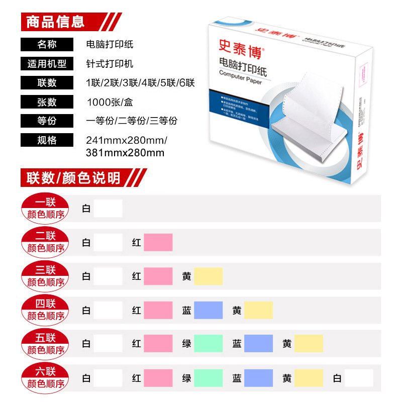 史泰博 241三联二等分压线 电脑打印纸 彩色 1000页/箱高清大图