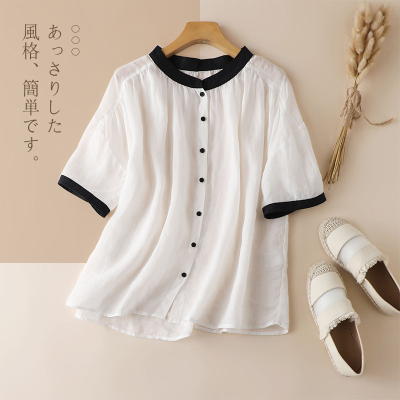 黑白撞色短款纯苎麻洋气上衣女夏季休闲薄款短袖立领亚麻女士衬衫视频