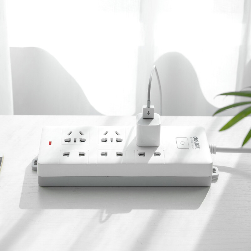 得力18255插座_6组合孔2米_PVC袋装(白)(只)高清大图