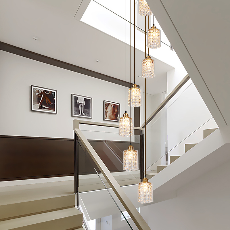 铜楼梯间长吊灯闪电客新中式轻奢水晶灯民宿公寓客厅挑高中空个性吊灯