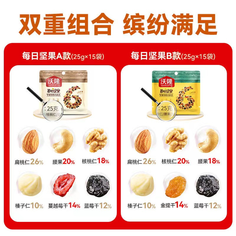 沃隆 每日坚果 家庭分享混合装750g (A款15袋+B款15袋) 坚果炒货零食特产