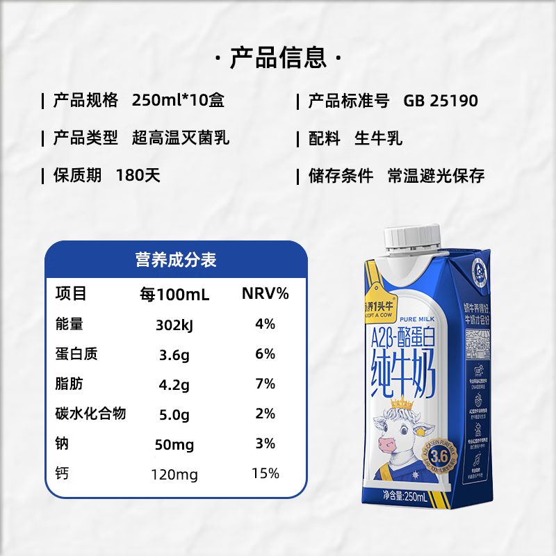 认养一头牛[代言人同款]3.6蛋白A2β-酪蛋白纯牛奶250ml*10盒*2箱年货礼盒高清大图