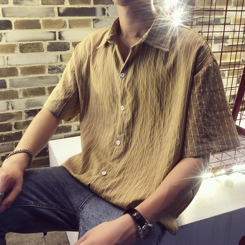 夏款气质的衣服韩版情侣条纹短袖衬衫男生港风bf宽松衬衣时尚