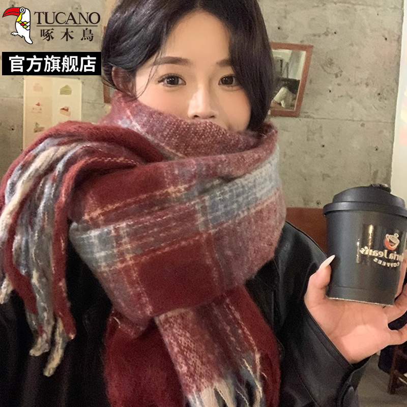 啄木鸟2024冬新款蓝咖格纹围巾女保暖高级感韩版复古百搭防寒围2高清大图