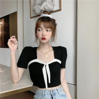 撞色方领衬衫女夏季新款设计感小众小香风衬衣法式修身短袖上衣潮 黑色 S 建议70-88斤