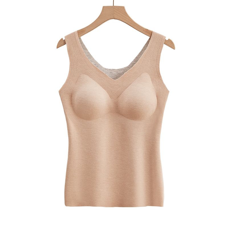 猫人德绒无痕保暖背心女带胸垫加绒加厚冬季防寒发热内穿一体上衣 肤色 XL【推荐110-125斤】