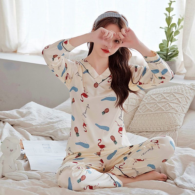 春秋季女睡衣薄款长袖套装冰丝卡通可爱甜美学生宽松仿真丝家居服莎丞