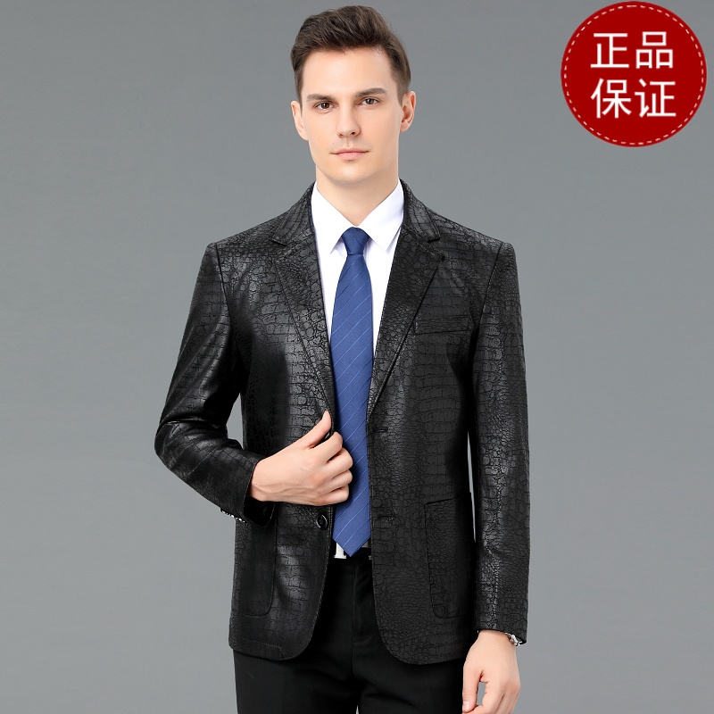 免费退换海宁皮衣男真皮小西装油蜡绵羊皮西服机车皮夹克韩版潮流修身外套反季促销特价_378_81 XL 黑色