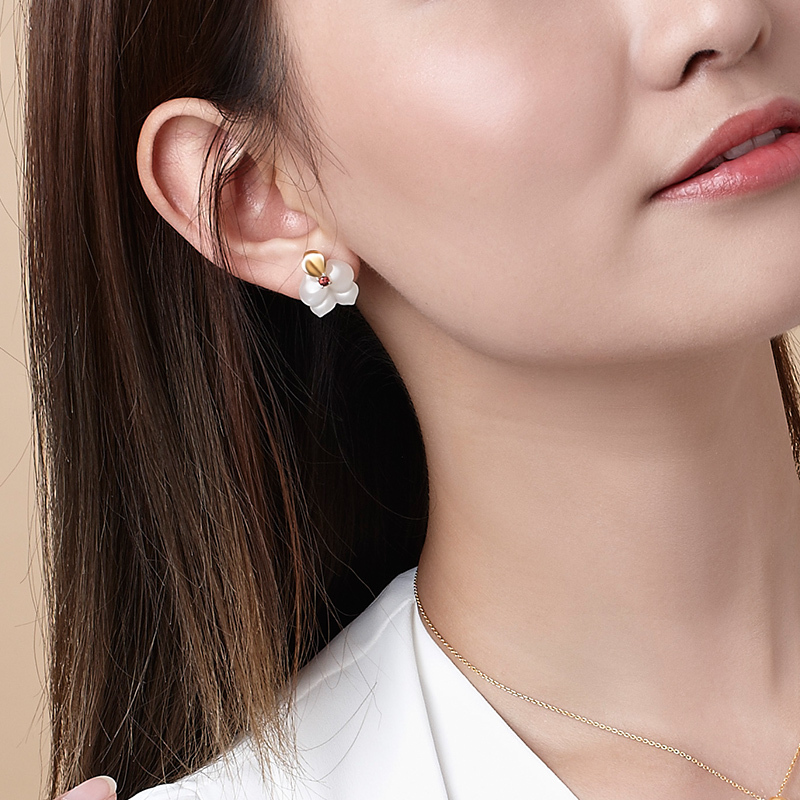 Fei Liu 14K金新疆和田玉耳钉耳坠耳环兰花系列