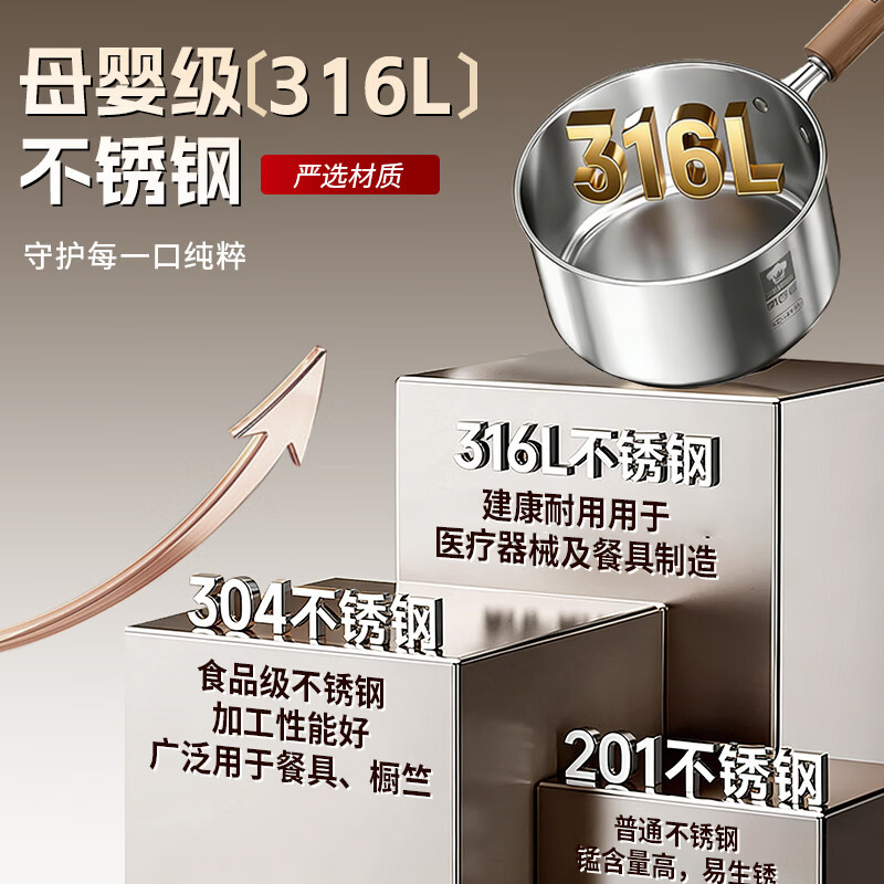 康巴赫 婴儿辅食锅牛奶锅煮泡面汤锅小锅健康0涂层 316L不锈钢健康奶锅16cm高清大图