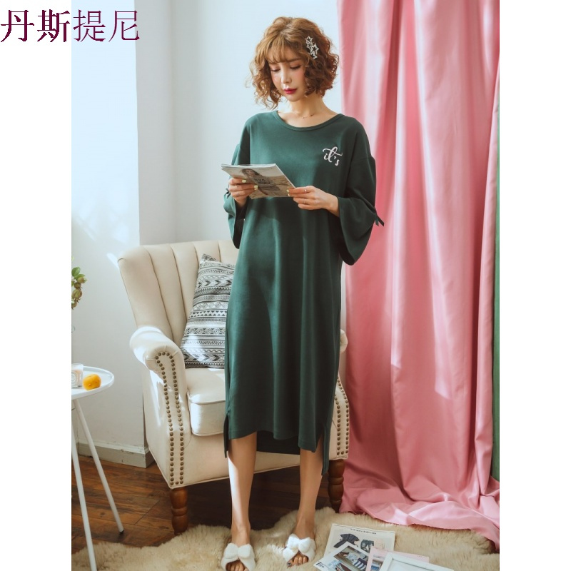 睡裙女秋纯棉韩版大码宽松七分袖长款绿色睡衣女学生家居服可外穿