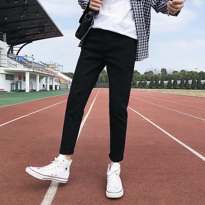 松紧腰直筒牛仔裤男港风九分裤春夏季薄款学生系绳百搭休闲长裤子 黑色01 3XL