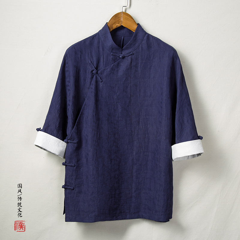夏季亚麻布禅修茶服中式棉麻唐装改良汉服中国风男装斜襟短袖上衣
