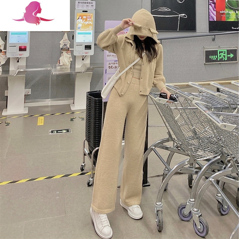 艳如飞炸街休闲显瘦减龄学院风毛衣两件套阔腿裤港风套装女春秋复古chic套装