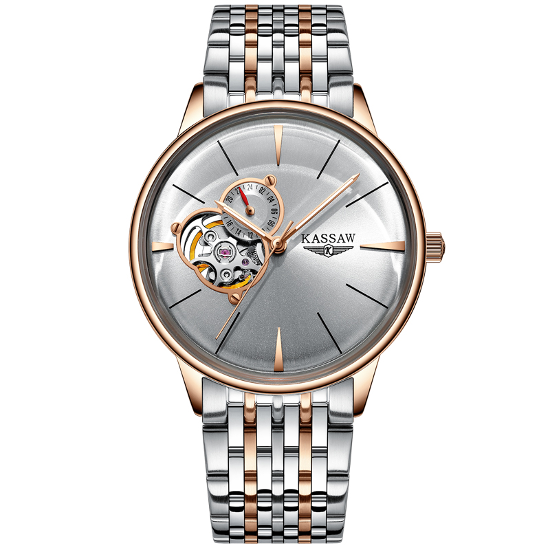 卡梭(KASSAW)手表男士时尚自动机械表镂空曲面商务系列防水男表休闲男手表K873G 玫瑰金白面钢带