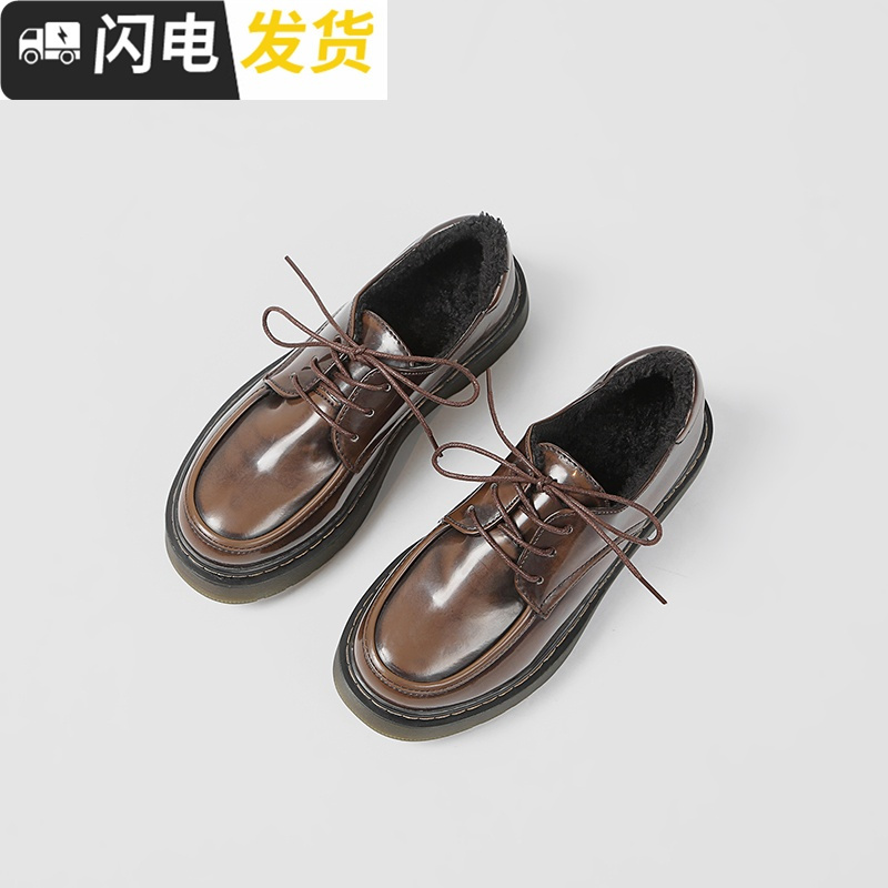 2022秋冬新款单鞋韩版学生休闲鞋英伦风复古女鞋厚底加绒小皮鞋女启如休闲鞋