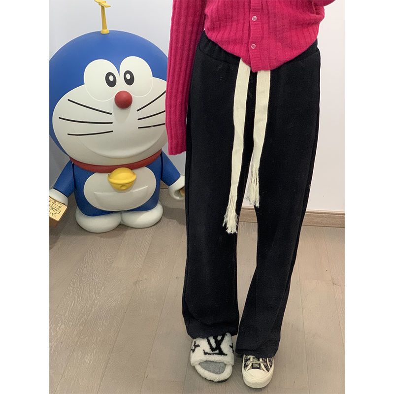 COW2ANG 春夏黑色[穿上脱不掉]手工编织抽绳直筒裤长裤女休闲裤 黑色 S 建议(65-90斤内)