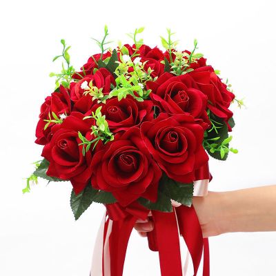 新娘手捧花束结婚花球婚纱照拍摄道具伴娘婚礼韩式仿真玫瑰手捧花酒红