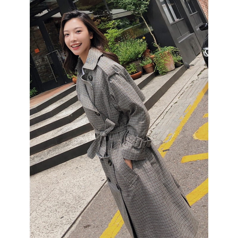 lulu格子风衣女中长款2018秋季韩版学生宽松百搭chic过膝外套