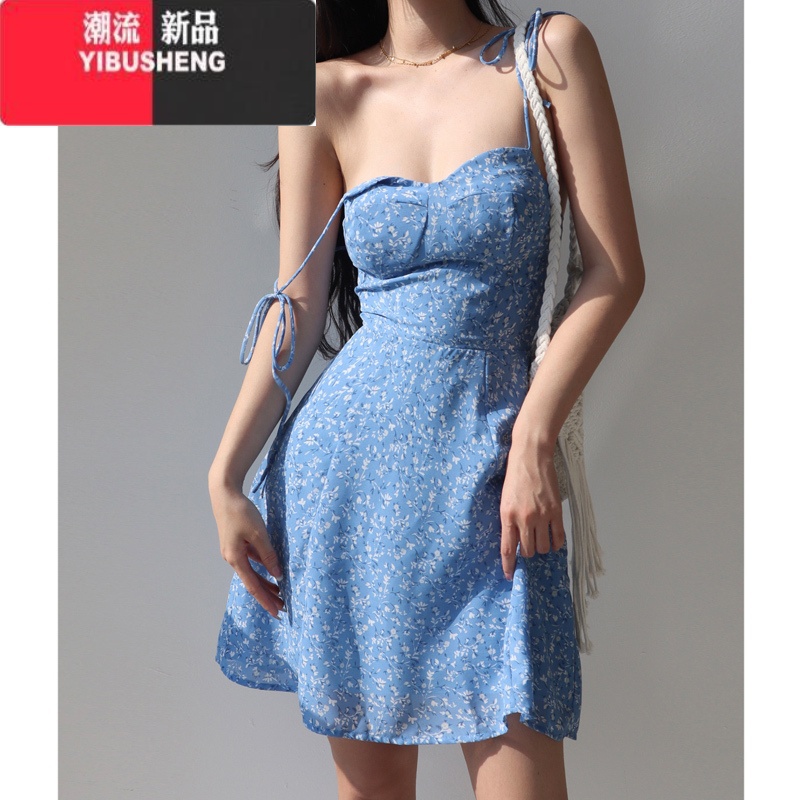 YIBUSHENG法式纯欲风别致蓝色系带碎花连衣裙女收腰显瘦小个子A字吊带短裙高清大图