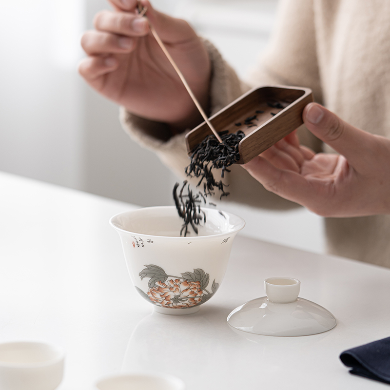 苏氏陶瓷(SUSHI CERAMICS)羊脂玉花开富贵快客杯旅行包便捷茶具
