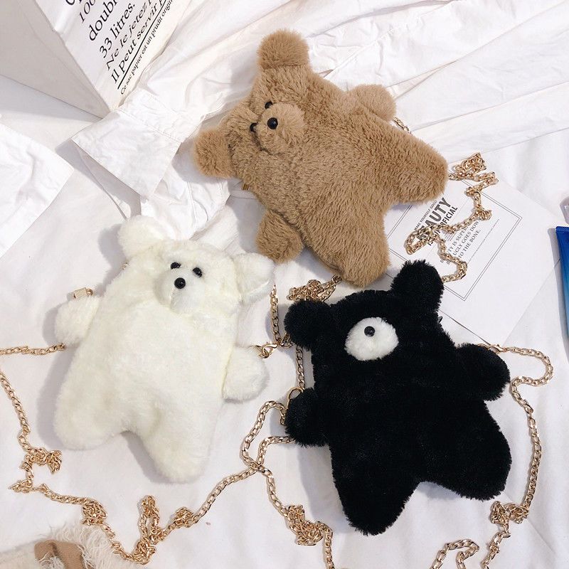 小公主日系公仔可爱包包女斜挎学生卡通包包秋冬小熊毛绒包包白色