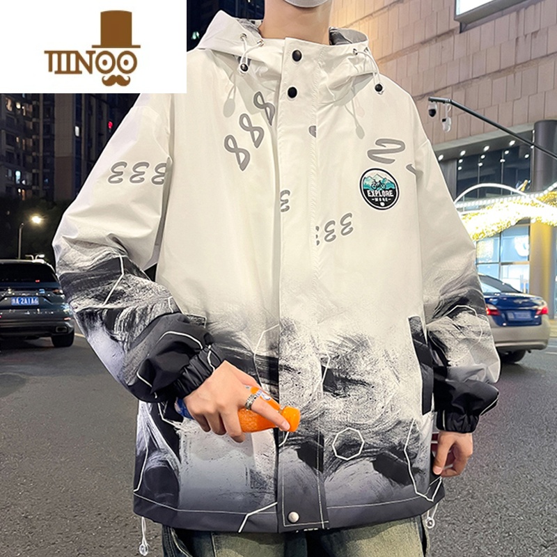 YANXU渐变色夹克男新款潮牌连帽防风衣服宽松青少年冲锋衣外套男高清大图
