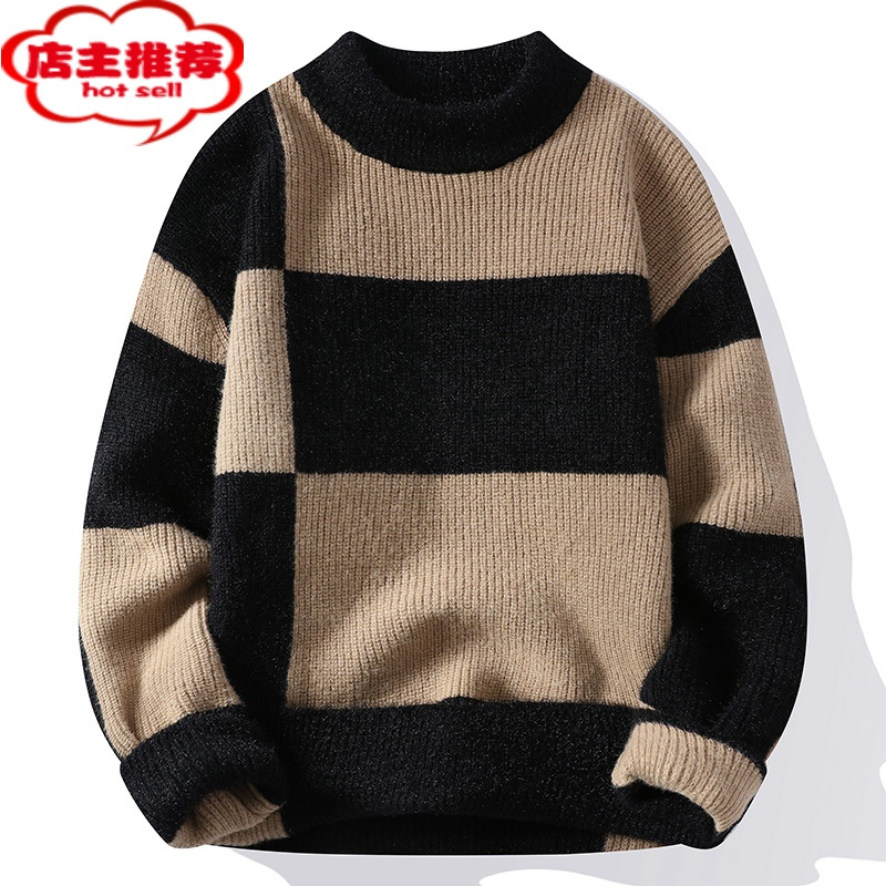 shanchao设计感撞色毛衣男士款半高领针织打底衫男生加厚保暖毛线衣服
