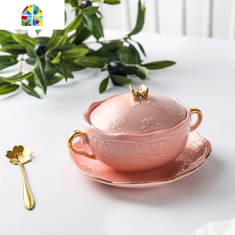 欧式燕窝小碗金边双耳蒸蛋碗陶瓷甜品糖水碗带盖套装鱼翅银耳汤盅 FENGHOU 金边款(圆盘+盖碗+金勺)粉色图片