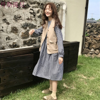 春装女装韩版中长款宽松显瘦长袖格子连衣裙学生长裙+马甲背心潮格子裙单件均码