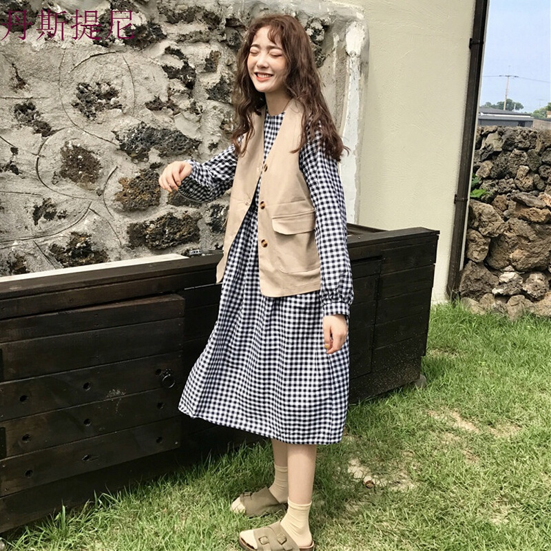 春装女装韩版中长款宽松显瘦长袖格子连衣裙学生长裙+马甲背心潮格子裙单件均码