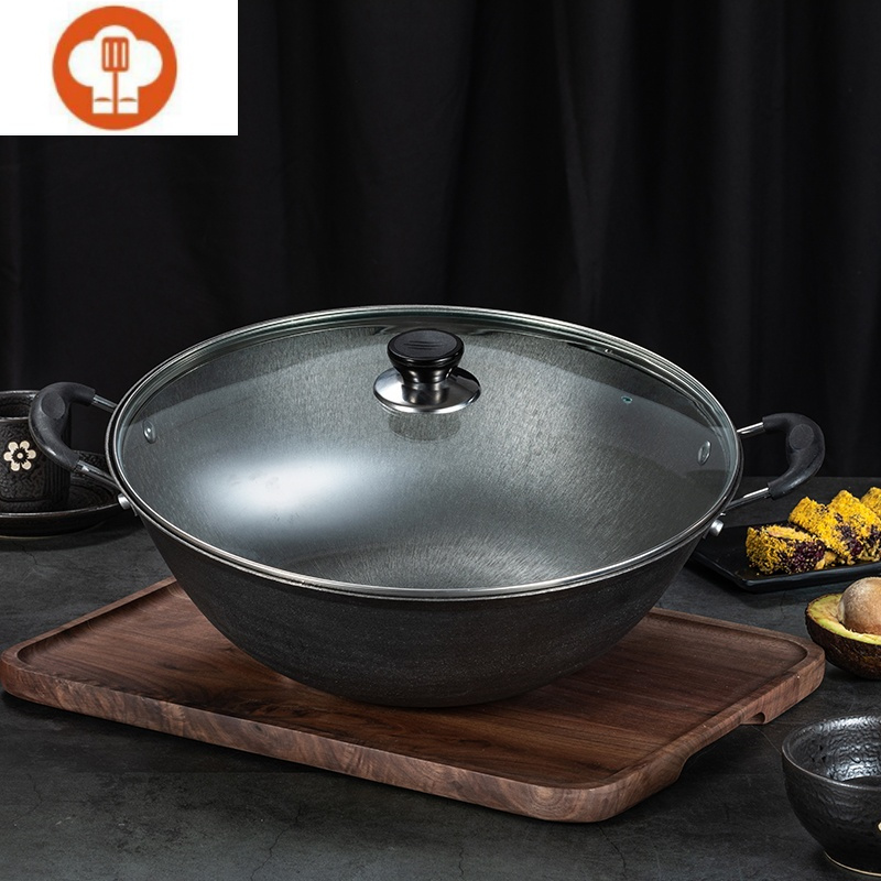 艺呈加深双耳炒锅炖锅平底生铁锅铸铁锅电磁炉煤气灶通用不粘锅无涂层
