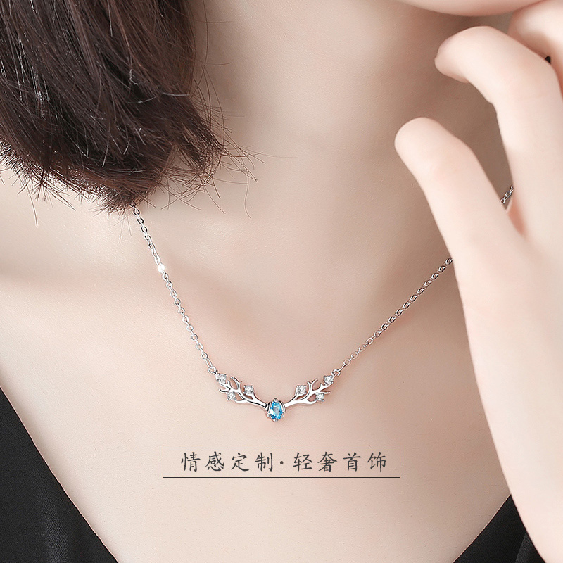鑫铂尼925纯银项链女小鹿角一路鹿有你银饰女士情侣女款学生女生鹿头吊坠麋鹿锁骨链首饰链520情人节礼物送女友高清大图
