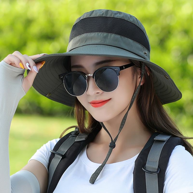 帽子女防晒帽夏季女士太阳帽户外透气遮阳可折叠徒步登山渔夫帽军绿色