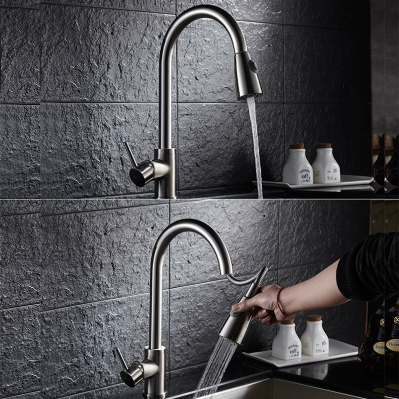 汉德斯科厨房拉伸龙头304不锈钢抽拉式可旋转水龙头冷热双控出水单孔