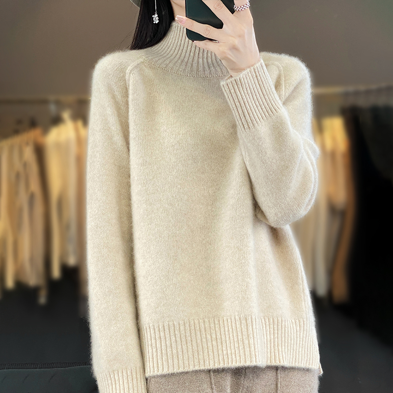 鄂尔多斯羊绒衫女士毛衣加厚半高领羊绒衫女秋冬100%纯山羊绒毛衣新款宽松打底七针加厚羊毛衫女100纯羊毛秋冬麻花毛衣 YCB038王菲同款原绒米 M