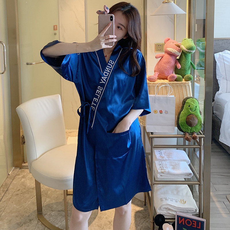 性感睡袍女士薄款冰丝夏季睡裙大码丝绸浴袍睡衣裙春秋和服家居服