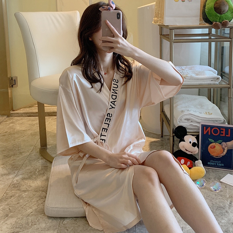 性感睡袍女士薄款冰丝夏季睡裙大码丝绸浴袍睡衣裙春秋和服家居服