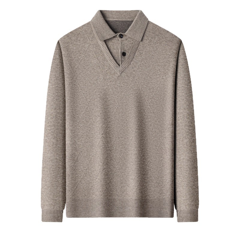 衬衫领男士毛衣假两件2025秋冬新款翻领提花加厚保暖打底针织衫男高清大图