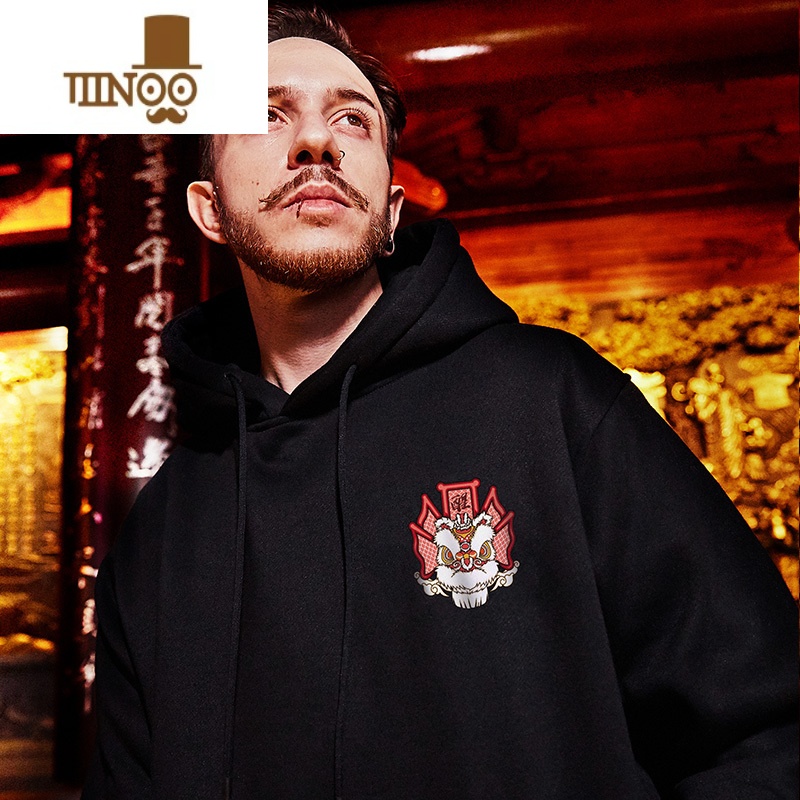 YANXU国潮中国风醒狮加绒连帽大码潮牌胖子oversize外套款卫衣男潮高清大图