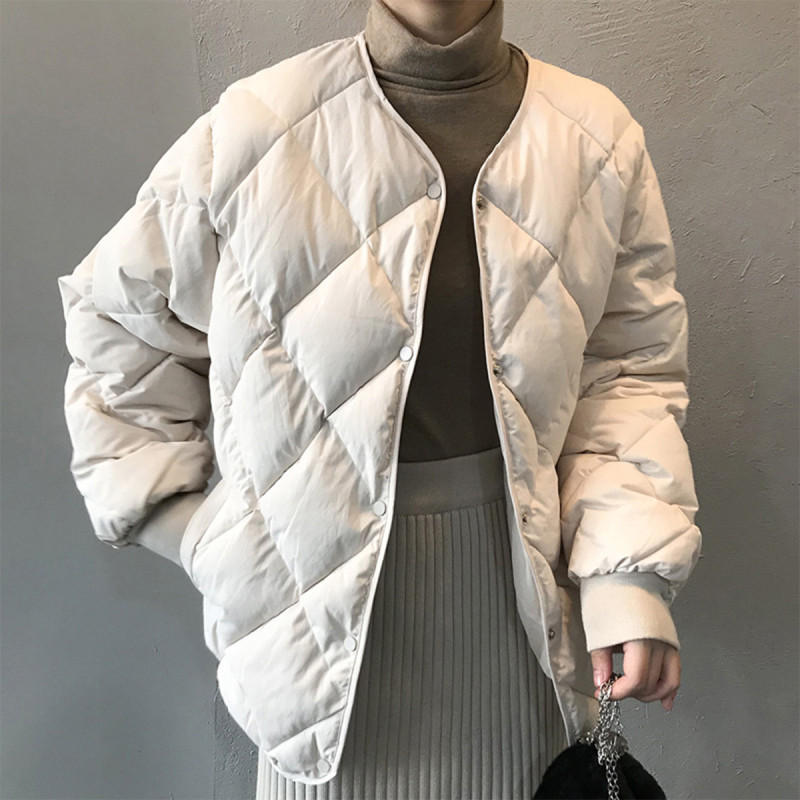 唐狮秋冬季棉衣女新款韩版休闲简约无领菱形格棉服加绒加厚潮