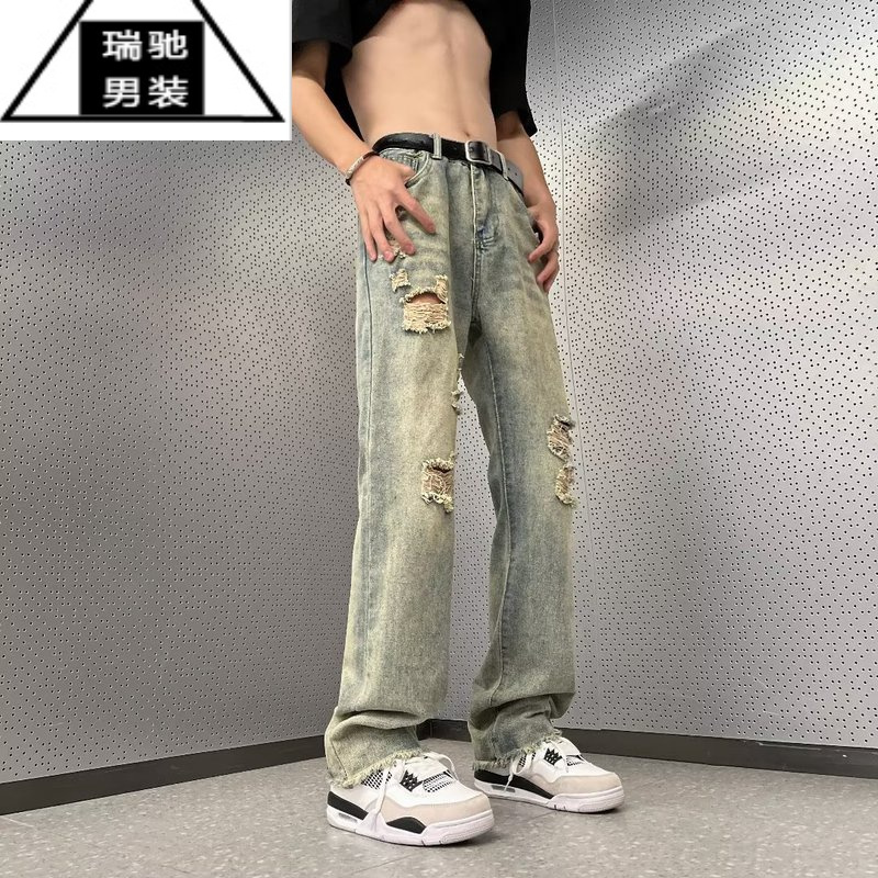 希杰狮王复古做旧破洞牛仔裤男夏季美式vibe高街裤子小众直筒长裤