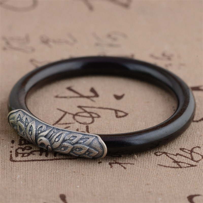 复古女款s925凤穿牡丹黑檀木手镯凤凰镯子木手环送女朋友七夕情人节