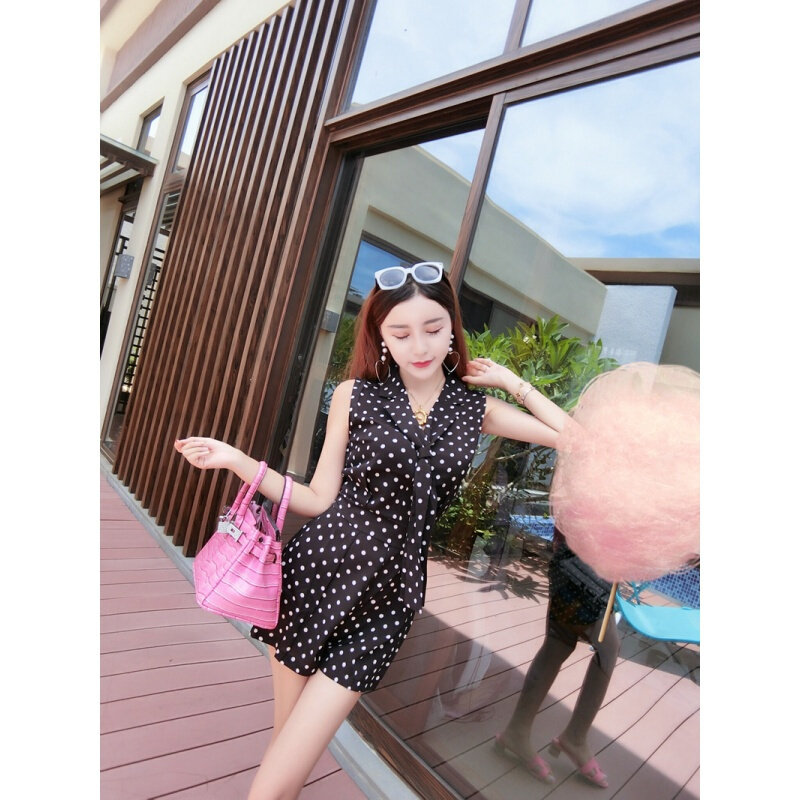 夏装2018新款女时尚韩版波点显瘦宽松西装领休闲高腰阔腿裤连体裤黑色